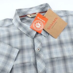 NEW SIMMS Stone Cold Short Sleeve Shirt brrr Steel Blue Plaid Stretch Mens Large